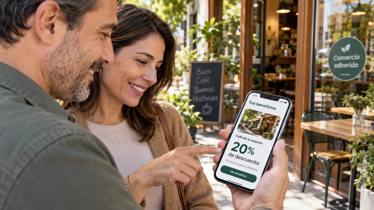 Pareja sonriendo frente a un café adherido mientras mira en el celular un 20% de descuento de Prevenir Beneficios